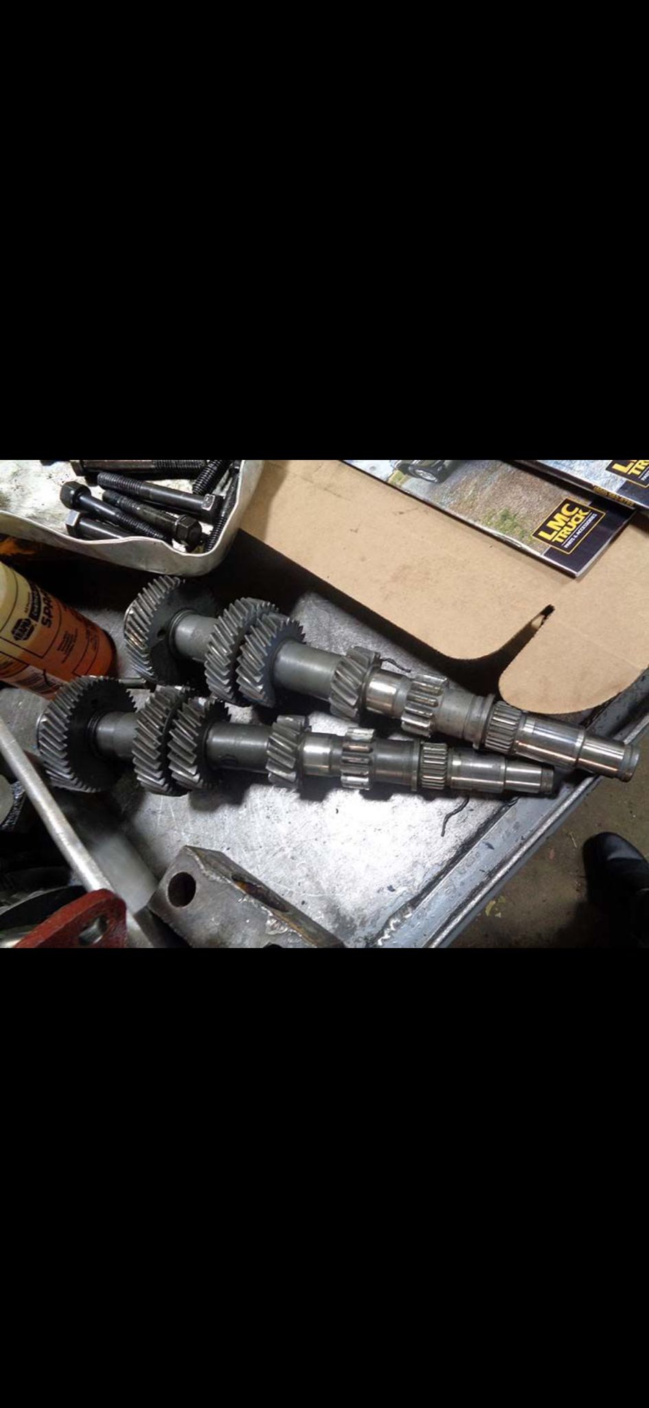 Transmission components and engine housings in a parts room